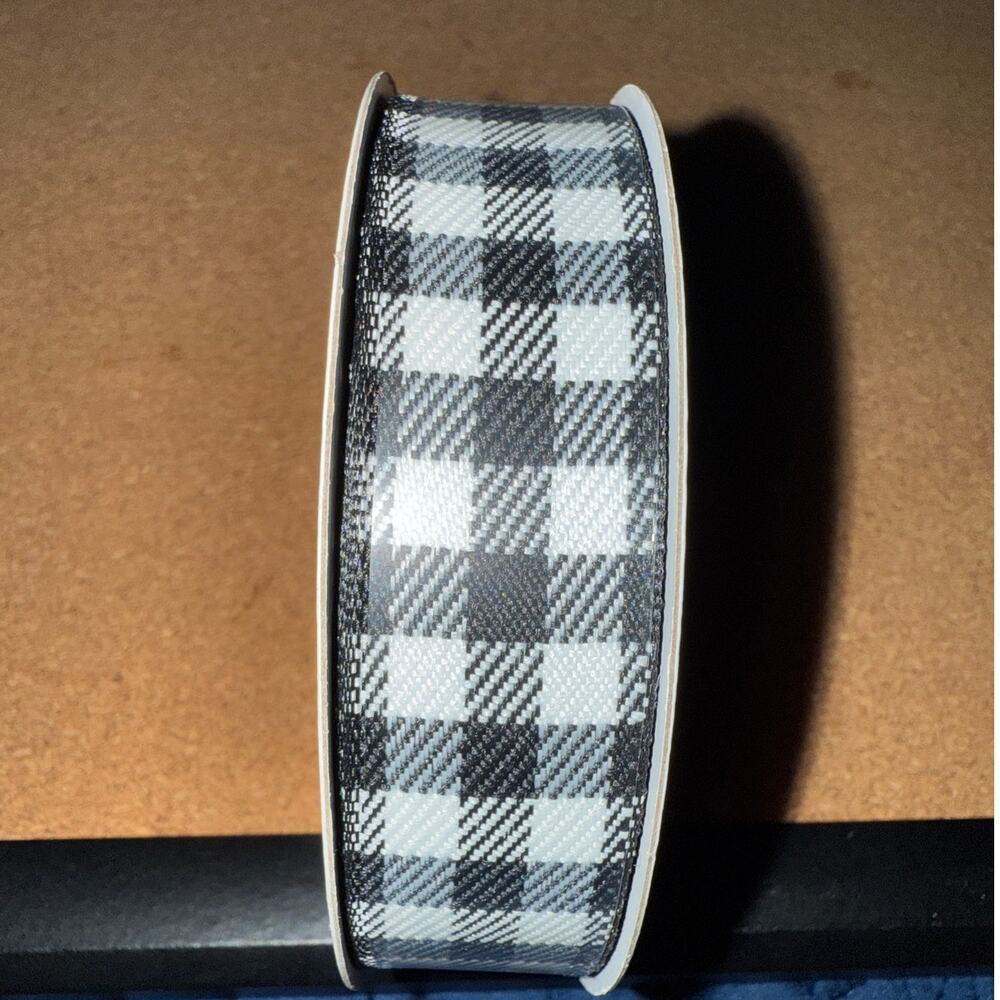 Wired Black & White Buffalo Check Plaid Ribbon | 100% Polyester | 7/8 in x 30 ft